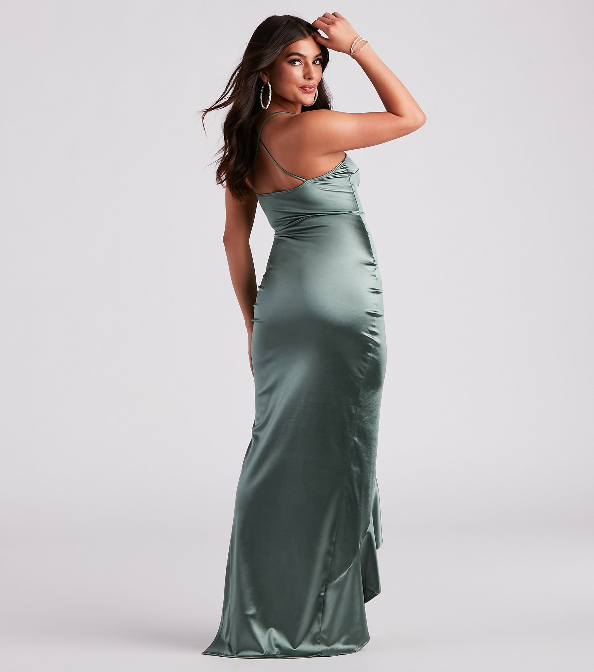 Ruffled Slit Satin Formal Dress